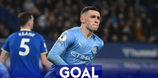 Foden scores the opening goal for Manchester City against Everton