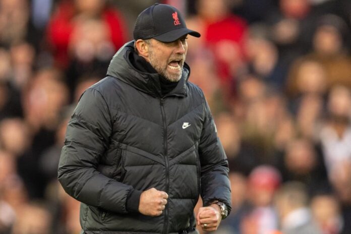 Klopp-reveals-the-cup-goal-before-the-League-Cup-final.jpg LIVERPOOL, ENGLAND - Sunday, January 16, 2023: Liverpool's manager Jurgen Klopp celebrates after the FA Premier League match between Liverpool FC and Brentford FC at Anfield. Liverpool won 3-0. (Pic by David Rawcliffe/Propaganda)