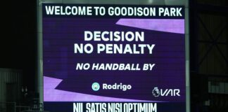 Large screen after VAR decides no penalty for a possible handball by Manchester City's Rodrigo (not pictured) during the Premier League match at Goodison Park, Liverpool. Picture date: Saturday February 26, 2023.