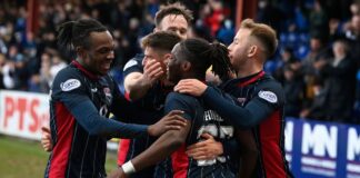Ross County is seven factors forward of St Johnston DINGWALL, SCOTLAND - FEBRUARY 26: Joseph Hangbo celebrates scoring to make it 3-1 to Ross County during the Cinch Premier League game between Ross County and St. Johnston at Victoria Park, on February 26, in Dingwall, Scotland. (Photo by Rob Casey/SNS Group)