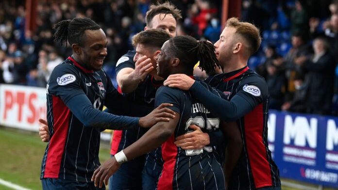 Ross-County-is-seven-points-ahead-of-St-Johnston.jpg DINGWALL, SCOTLAND - FEBRUARY 26: Joseph Hangbo celebrates scoring to make it 3-1 to Ross County during the Cinch Premier League game between Ross County and St. Johnston at Victoria Park, on February 26, in Dingwall, Scotland. (Photo by Rob Casey/SNS Group)