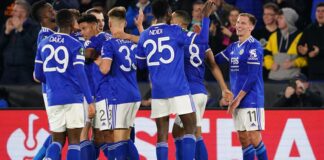 Leicester players celebrate Marc Albrighton's opener
