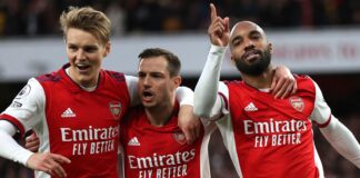 Alexandre Lacazette celebrates after his penalty gave Arsenal a 2-0 lead over Leicester