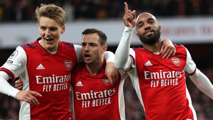 Arsenal-on-the-way-to-fourth-place-Critics-Arteta-judged.jpg Alexandre Lacazette celebrates after his penalty gave Arsenal a 2-0 lead over Leicester