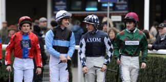 Hughes heads out to ride alongside (left to right) Jamie Moore, Paddy Brennan and Sam Twiston-Davies.