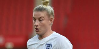England's Bethany England during the women's international friendly soccer match between England and Canada at Bet365 stadium in Stoke on Trent, England, Tuesday, April 13, 2023. 