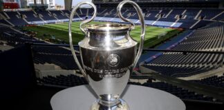 The UEFA Champions League trophy on display in the ground during a training session ahead of the UEFA Champions League final, at the Estadio do Dragao, Portugal. Picture date: Friday May 28, 2023.