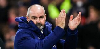 GLASGOW, SCOTLAND - NOVEMBER 15: Scotland Manager Steve Clarke celebrates going 1-0 ahead during a FIFA World Cup Qualifier between Scotland and Denmark at Hampden Park, on November 15, 2023, in Glasgow, Scotland. (Photo by Craig Williamson / SNS Group)