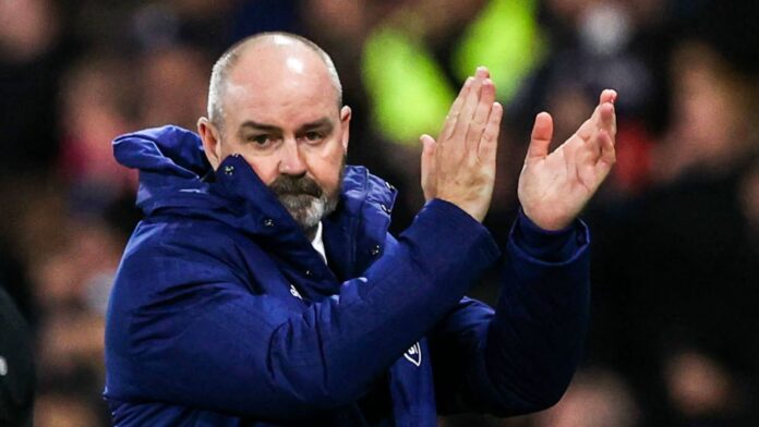 GLASGOW, SCOTLAND - NOVEMBER 15: Scotland Manager Steve Clarke celebrates going 1-0 ahead during a FIFA World Cup Qualifier between Scotland and Denmark at Hampden Park, on November 15, 2023, in Glasgow, Scotland. (Photo by Craig Williamson / SNS Group)