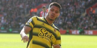 Cucho Hernandez celebrates after scoring his second goal of the match