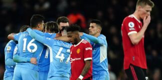 Man Utd players look dejected after Riyad Mahrez scores Man City's fourth goal