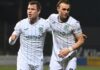 Runar Hauge (L) and Elias Melkersen make their Hibs debut during the Cinch Premiership match between Dundee and Hibs at Dens Park