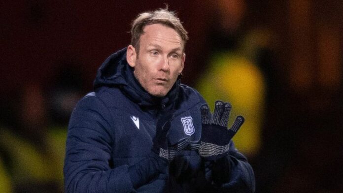 Dundee, Scotland - MARCH 9: Dundee assistant manager Simon Rusk during the Premier League match between Dundee and St Mirren at Kilmac Stadium in Deans Park, on March 9, 2023, in Dundee, Scotland.  (Photo by Mark Skats/SNS Group)