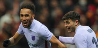 Barcelona's Pierre-Emerick Aubameyang celebrates