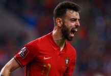 Bruno Fernandes celebrates after scoring against North Macedonia