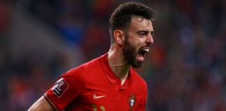 Bruno Fernandes celebrates after scoring against North Macedonia