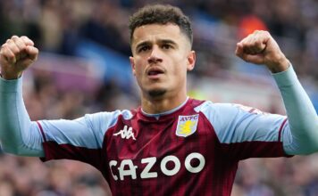 Philippe Coutinho celebrates scoring Villa's third goal