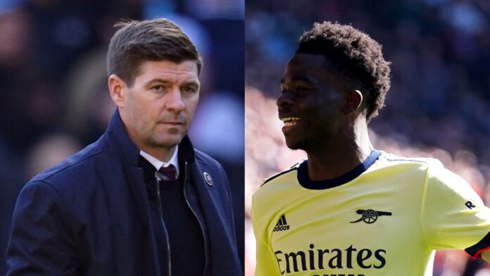 Gerrard-Saka-will-have-to-learn-to-be-tougher.jpg Steven Gerrard and Bukayo Saka