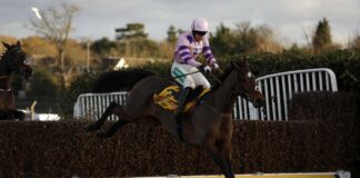 Bryony Frost and Greaneteen clear the last in the Tingle Creek at Sandown 