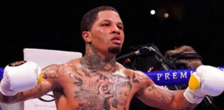 Gervonta Davis celebrates after he hits Mario Barrios during the WBA Super Lightweight world championship boxing match on Sunday, June 27, 2023, in Atlanta. Davis won against Barrios. (AP Photo/Brynn Anderson)..