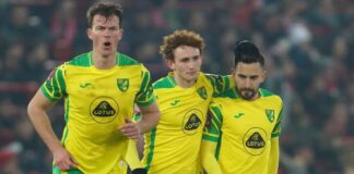 Lukas Robb celebrates after closing the gap for Norwich at Anfield