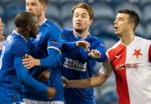 SNS - Rangers' Glen Kamara takes exception to something said by Slavia Prague's Ondre Kudela during the Europa League Round of 16 2nd Leg match at Ibrox