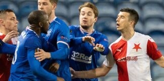 SNS - Rangers' Glen Kamara takes exception to something said by Slavia Prague's Ondre Kudela during the Europa League Round of 16 2nd Leg match at Ibrox