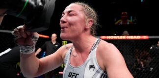 Molly McCann of England knocks out Luana Carolina of Brazil in a womens flyweight fight during the UFC Fight Night event at O2 Arena on March 19, 2023 in London, England. (Photo by Chris Unger/Zuffa LLC)