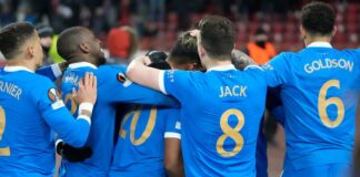 Rangers players celebrate Ryan Kent's goal at Red Star Belgrade