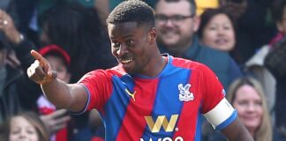Marc Guehy of Crystal Palace celebrates after scoring his team's first goal