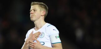 PETERBOROUGH, ENGLAND - MARCH 01: Oleksandr Zinchenko of Manchester City at full time of the Emirates FA Cup Fifth Round match between Peterborough United and Manchester City at Weston Homes Stadium on March 1, 2023 in Peterborough, England. (Photo by James Williamson - AMA/Getty Images)
