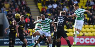 LIVINGSTON, SCOTLAND - SEPTEMBER 19: Celtic's Albian Ajeti (R) heads wide during a cinch Premiership match between Livingston and Celtic at the Tony Macaroni Arena on September 19, 2023, in Livingston, Scotland. (Photo by Ross MacDonald / SNS Group)