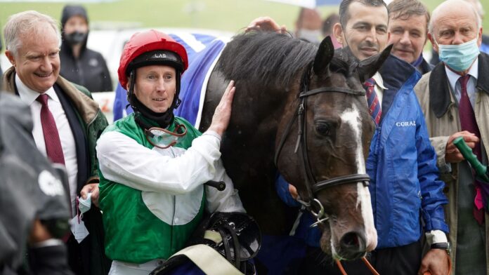 Martin Dwyer and Pyledriver in the winner&#39;s enclosure at Epsom after Coronation Cup success