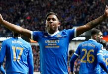 Rangers Alfredo Morelos celebrates scoring his second goal for his team