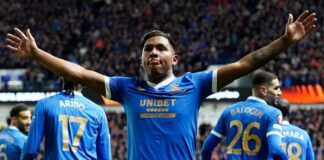 Rangers Alfredo Morelos celebrates scoring his second goal for his team
