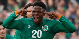 Chidose Ogbeni celebrates after Ireland equalized the lead against Belgium
