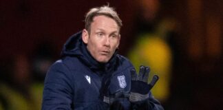 Dundee, Scotland - MARCH 9: Dundee assistant manager Simon Rusk during the Premier League match between Dundee and St Mirren at Kilmac Stadium in Deans Park, on March 9, 2023, in Dundee, Scotland.  (Photo by Mark Skats/SNS Group)