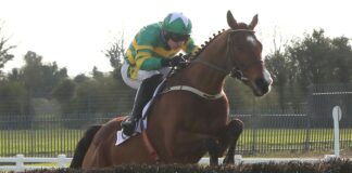 Janidil ridden by jockey Jody McGarvey on their way to winning the Underwriting Exchange Gold Cup Novice Chase during the 2023 Fairyhouse Easter Festival at Fairyhouse 