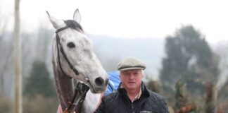 Trainer Colin Tizzard with Eldorado Allen at his yard in Somerset