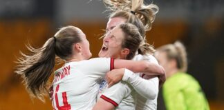 Ellen White (centre) celebrates with Georgia Stanway (left) after scoring England's first goal of the game during the Arnold Clark Cup match against Germany
