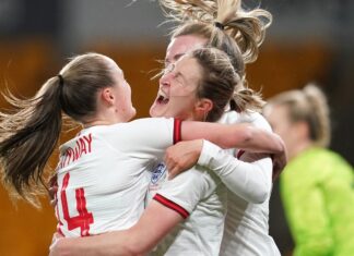 The 100-day countdown to the UEFA Girls’s European Championship 2023 begins Ellen White (centre) celebrates with Georgia Stanway (left) after scoring England's first goal of the game during the Arnold Clark Cup match against Germany