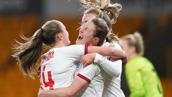 The-100-day-countdown-to-the-UEFA-Womens-European-Championship-2022.jpg Ellen White (centre) celebrates with Georgia Stanway (left) after scoring England's first goal of the game during the Arnold Clark Cup match against Germany