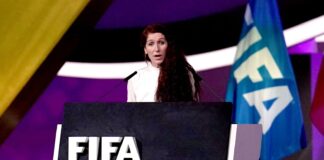  Lise Klaveness speaking at the FIFA Congress in Doha