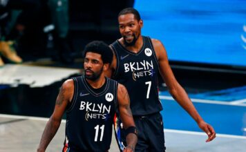 The Nets’ Difficult Future: Playoffs or Title Contenders? Brooklyn Nets guard Kyrie Irving (11) and Kevin Durant react against the Boston Celtics in the second half of Game 5 during an NBA basketball first-round playoff series, Tuesday, June 1, 2023, in New York. (AP Photo/Adam Hunger)