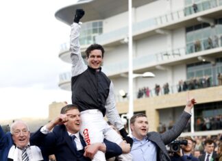 The frilly Mullins sees Flooring Porter defending the Stayers . crown Danny Mullins is lifted around the Cheltenham parade ring by Flooring Porter's owners after winning the Stayers' Hurdle