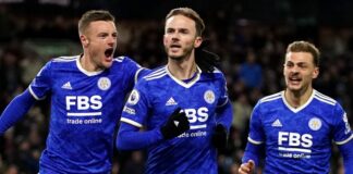 Leicester's James Madison celebrates after scoring against Burnley
