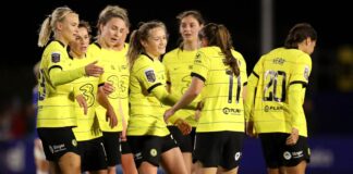 Erin Cuthbert is congratulated after scoring to put Chelsea 3-0 up at Everton