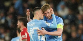 Phil Foden and Kevin De Bruyne celebrate during Manchester City's victory over Atletico Madrid at the Etihad Stadium