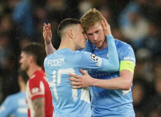 CL hits and misses: Foden’s magic; Liverpool cruise Phil Foden and Kevin De Bruyne celebrate during Manchester City's victory over Atletico Madrid at the Etihad Stadium