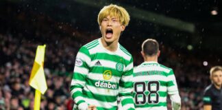 Kyogo Furuhashi celebrates after his opening goal for Celtic against Hearts